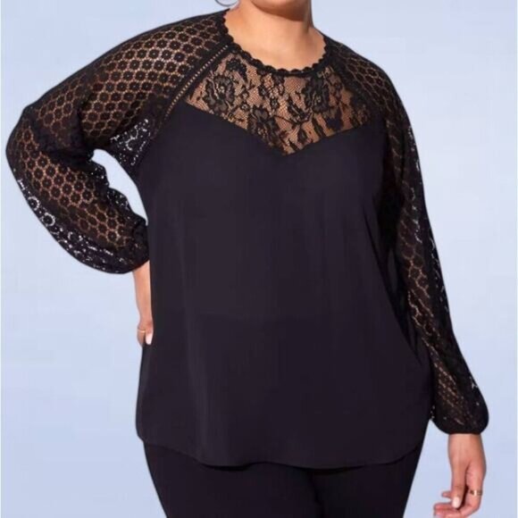 Torrid Georgette Lace Mix Sleeve Top in Black - Size 3X - Picture 1 of 8